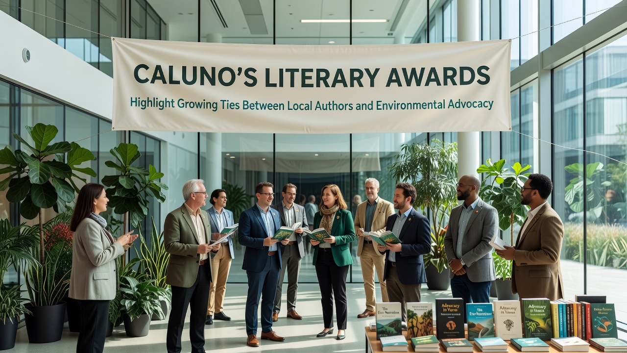 Local authors discussing manuscripts with environmental advocates at an outdoor Caluno venue